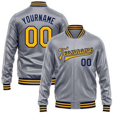 Custom Gray Gold-Navy Bomber Full-Snap Varsity Faux Leather Letterman Jacket