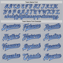 Load image into Gallery viewer, Custom Gray Light Blue-Navy Bomber Full-Snap Varsity Faux Leather Letterman Jacket
