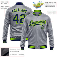 Load image into Gallery viewer, Custom Gray Navy-Neon Green Bomber Full-Snap Varsity Faux Leather Letterman Jacket
