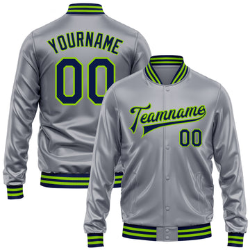 Custom Gray Navy-Neon Green Bomber Full-Snap Varsity Faux Leather Letterman Jacket