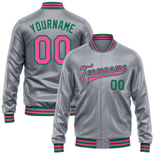 Load image into Gallery viewer, Custom Gray Pink-Kelly Green Bomber Full-Snap Varsity Faux Leather Letterman Jacket
