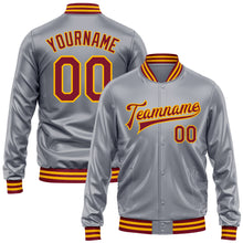 Load image into Gallery viewer, Custom Gray Crimson-Gold Bomber Full-Snap Varsity Faux Leather Letterman Jacket
