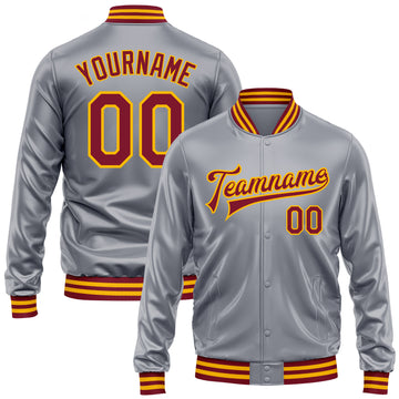 Custom Gray Crimson-Gold Bomber Full-Snap Varsity Faux Leather Letterman Jacket