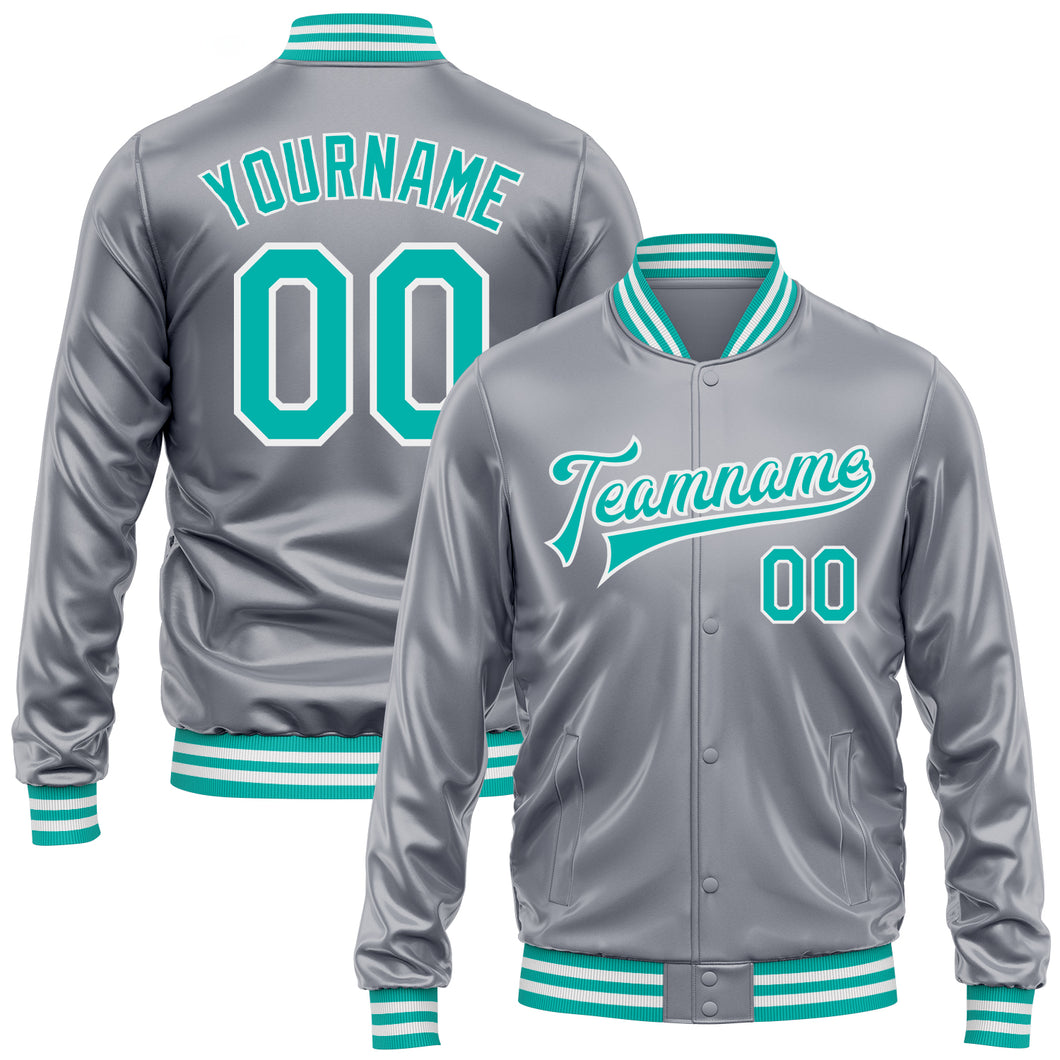 Custom Gray Aqua-White Bomber Full-Snap Varsity Faux Leather Letterman Jacket