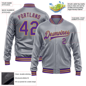 Custom Gray Purple-Old Gold Bomber Full-Snap Varsity Faux Leather Letterman Jacket
