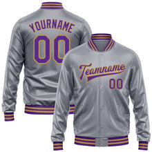Load image into Gallery viewer, Custom Gray Purple-Old Gold Bomber Full-Snap Varsity Faux Leather Letterman Jacket
