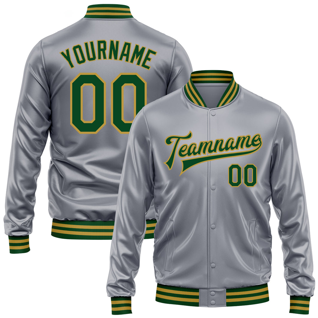Custom Gray Green-Old Gold Bomber Full-Snap Varsity Faux Leather Letterman Jacket