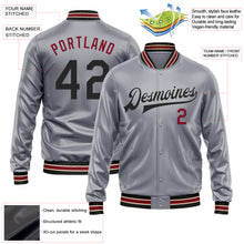 Load image into Gallery viewer, Custom Gray Black-Crimson Bomber Full-Snap Varsity Faux Leather Letterman Jacket
