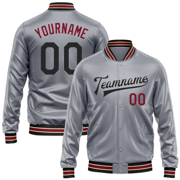 Custom Gray Black-Crimson Bomber Full-Snap Varsity Faux Leather Letterman Jacket