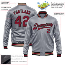 Load image into Gallery viewer, Custom Gray Crimson-Black Bomber Full-Snap Varsity Faux Leather Letterman Jacket
