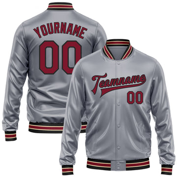 Custom Gray Crimson-Black Bomber Full-Snap Varsity Faux Leather Letterman Jacket