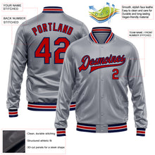 Load image into Gallery viewer, Custom Gray Red-Navy Bomber Full-Snap Varsity Faux Leather Letterman Jacket

