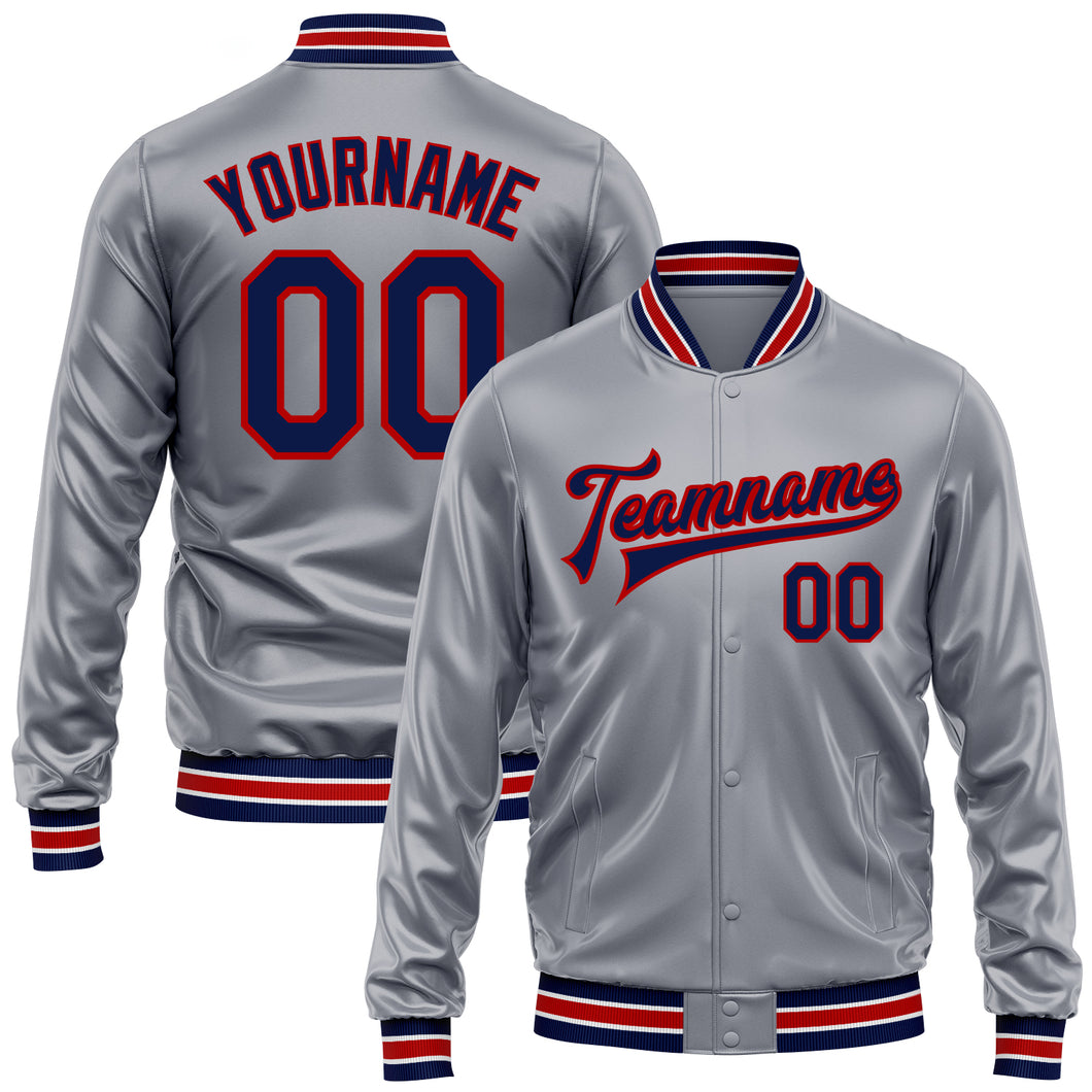 Custom Gray Navy-Red Bomber Full-Snap Varsity Faux Leather Letterman Jacket