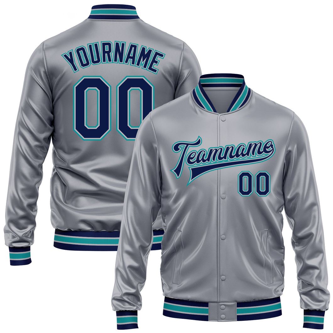 Custom Gray Navy-Teal Bomber Full-Snap Varsity Faux Leather Letterman Jacket