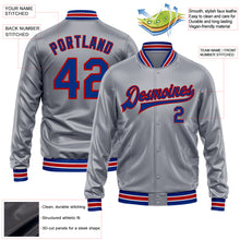 Load image into Gallery viewer, Custom Gray Royal-Red Bomber Full-Snap Varsity Faux Leather Letterman Jacket

