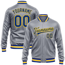 Load image into Gallery viewer, Custom Gray Royal-Yellow Bomber Full-Snap Varsity Faux Leather Letterman Jacket

