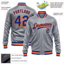 Load image into Gallery viewer, Custom Gray Royal-Orange Bomber Full-Snap Varsity Faux Leather Letterman Jacket
