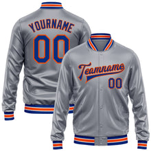 Load image into Gallery viewer, Custom Gray Royal-Orange Bomber Full-Snap Varsity Faux Leather Letterman Jacket
