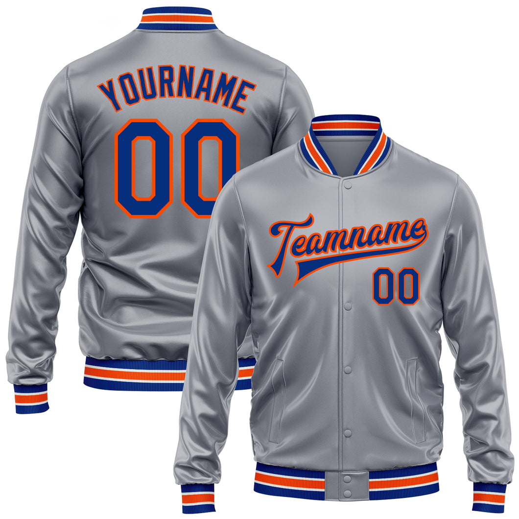 Custom Gray Royal-Orange Bomber Full-Snap Varsity Faux Leather Letterman Jacket