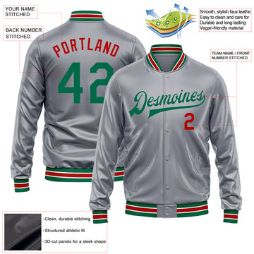 Custom Gray Kelly Green-Red Bomber Full-Snap Varsity Faux Leather Letterman Jacket