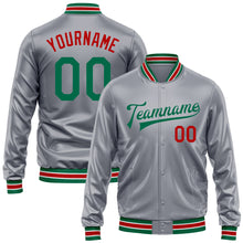 Load image into Gallery viewer, Custom Gray Kelly Green-Red Bomber Full-Snap Varsity Faux Leather Letterman Jacket
