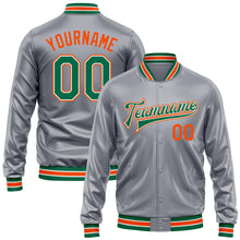 Load image into Gallery viewer, Custom Gray Kelly Green Orange-White Bomber Full-Snap Varsity Faux Leather Letterman Jacket
