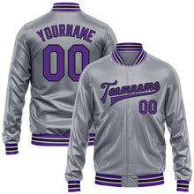 Load image into Gallery viewer, Custom Gray Purple-Black Bomber Full-Snap Varsity Faux Leather Letterman Jacket
