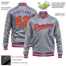 Load image into Gallery viewer, Custom Gray Orange-Purple Bomber Full-Snap Varsity Faux Leather Letterman Jacket
