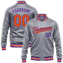 Load image into Gallery viewer, Custom Gray Orange-Purple Bomber Full-Snap Varsity Faux Leather Letterman Jacket

