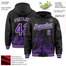 Load image into Gallery viewer, Custom Black Purple-White Splash Art 3D Pattern Design Bomber Full-Snap Varsity Letterman Hoodie Jacket
