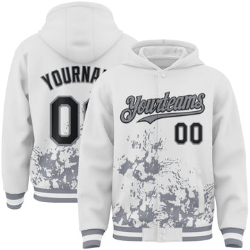 Custom White Black-Gray Splash Art 3D Pattern Design Bomber Full-Snap Varsity Letterman Hoodie Jacket