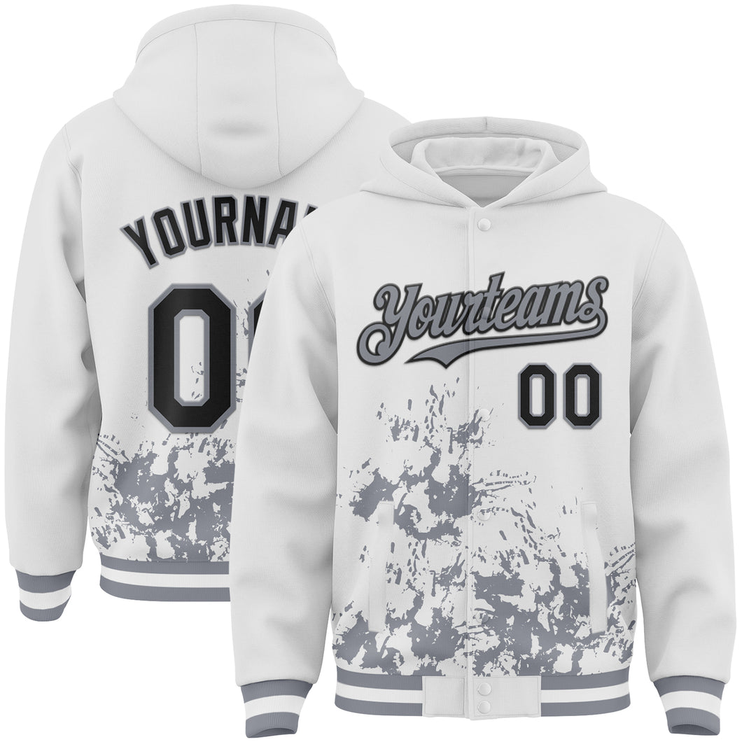 Custom White Black-Gray Splash Art 3D Pattern Design Bomber Full-Snap Varsity Letterman Hoodie Jacket