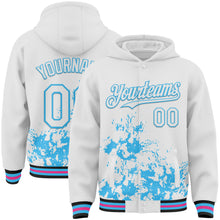 Load image into Gallery viewer, Custom White Sky Blue Black-Pink Splash Art 3D Pattern Design Bomber Full-Snap Varsity Letterman Hoodie Jacket
