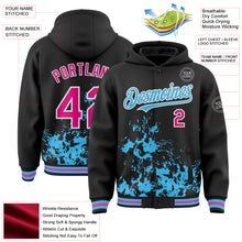 Load image into Gallery viewer, Custom Black Hot Pink Sky Blue-White Splash Art 3D Pattern Design Bomber Full-Snap Varsity Letterman Hoodie Jacket
