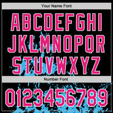 Load image into Gallery viewer, Custom Black Hot Pink Sky Blue-White Splash Art 3D Pattern Design Bomber Full-Snap Varsity Letterman Hoodie Jacket
