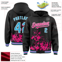 Load image into Gallery viewer, Custom Black Sky Blue Hot Pink-White Splash Art 3D Pattern Design Bomber Full-Snap Varsity Letterman Hoodie Jacket
