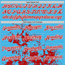 Load image into Gallery viewer, Custom Sky Blue White-Red Splash Art 3D Pattern Design Bomber Full-Snap Varsity Letterman Hoodie Jacket
