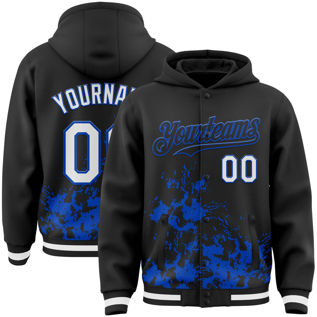 Custom Black White-Thunder Blue Splash Art 3D Pattern Design Bomber Full-Snap Varsity Letterman Hoodie Jacket