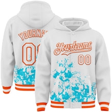 Load image into Gallery viewer, Custom White Lakes Blue-Orange Splash Art 3D Pattern Design Bomber Full-Snap Varsity Letterman Hoodie Jacket
