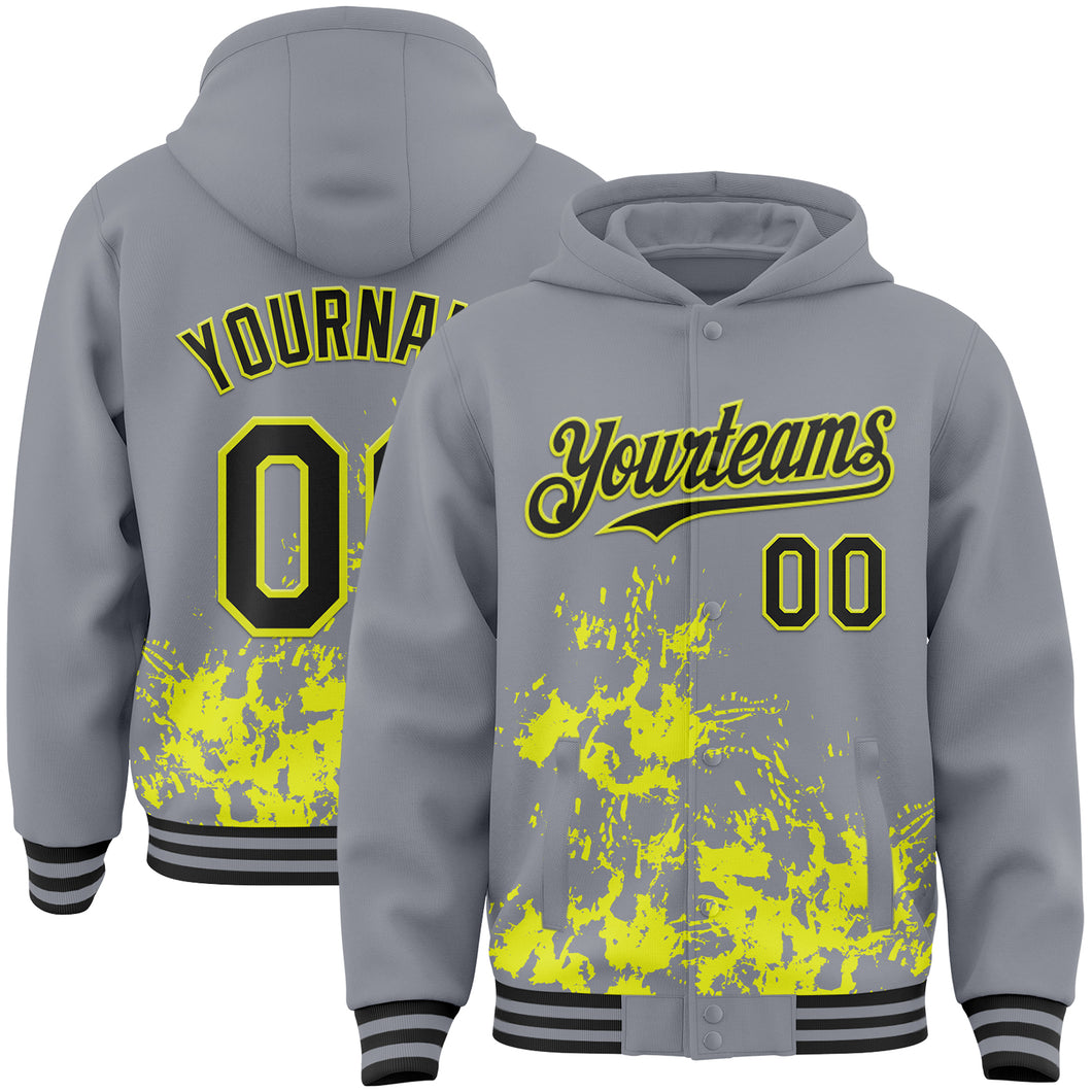 Custom Gray Black-Neon Yellow Splash Art 3D Pattern Design Bomber Full-Snap Varsity Letterman Hoodie Jacket