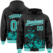 Load image into Gallery viewer, Custom Black Aqua-White Splash Art 3D Pattern Design Bomber Full-Snap Varsity Letterman Hoodie Jacket
