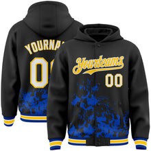 Load image into Gallery viewer, Custom Black White Thunder Blue Yellow-Royal Splash Art 3D Pattern Design Bomber Full-Snap Varsity Letterman Hoodie Jacket
