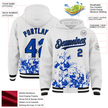 Load image into Gallery viewer, Custom White Thunder Blue-Black Splash Art 3D Pattern Design Bomber Full-Snap Varsity Letterman Hoodie Jacket
