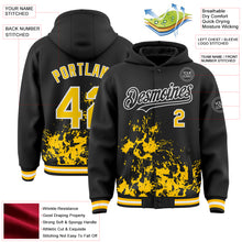 Load image into Gallery viewer, Custom Black Yellow-White Splash Art 3D Pattern Design Bomber Full-Snap Varsity Letterman Hoodie Jacket
