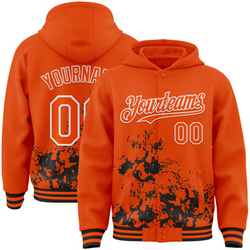 Custom Orange Black-White Splash Art 3D Pattern Design Bomber Full-Snap Varsity Letterman Hoodie Jacket