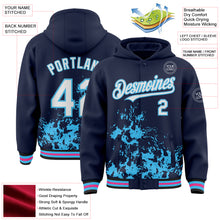Load image into Gallery viewer, Custom Navy White Sky Blue Black-Pink Splash Art 3D Pattern Design Bomber Full-Snap Varsity Letterman Hoodie Jacket
