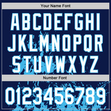 Load image into Gallery viewer, Custom Navy White Sky Blue Black-Pink Splash Art 3D Pattern Design Bomber Full-Snap Varsity Letterman Hoodie Jacket
