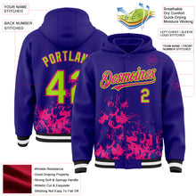 Load image into Gallery viewer, Custom Dark Purple Neon Green Hot Pink Black-White Splash Art 3D Pattern Design Bomber Full-Snap Varsity Letterman Hoodie Jacket
