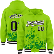 Load image into Gallery viewer, Custom Neon Green Black Grass Green-White Splash Art 3D Pattern Design Bomber Full-Snap Varsity Letterman Hoodie Jacket
