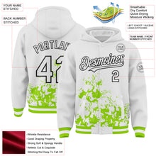Load image into Gallery viewer, Custom White Neon Green-Black Splash Art 3D Pattern Design Bomber Full-Snap Varsity Letterman Hoodie Jacket
